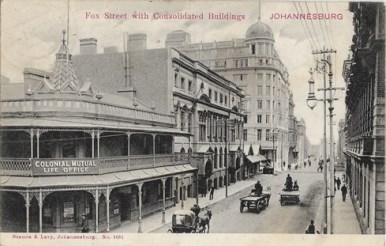 Fox Street, Johannesburg, a postcard published by Braune & Levy. No. 1051 used in October 1906