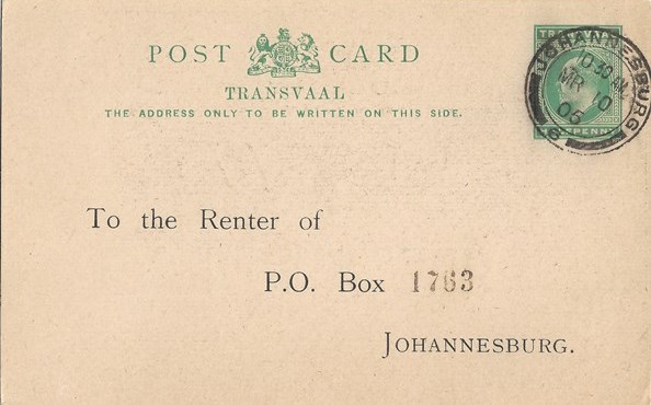 Transvaal postal stationery 1905 address side