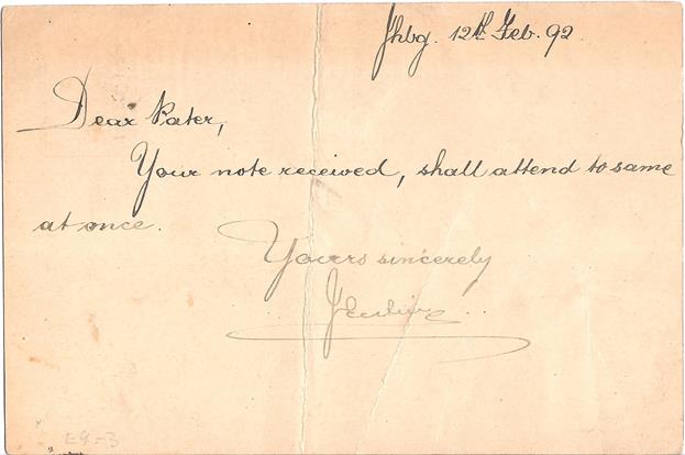 Message from Son to Father in Johannesburg 1892