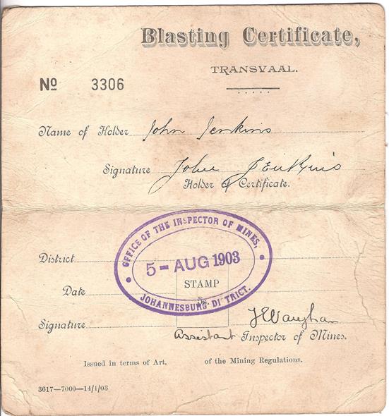 Transvaal Blasting Certificate 1903