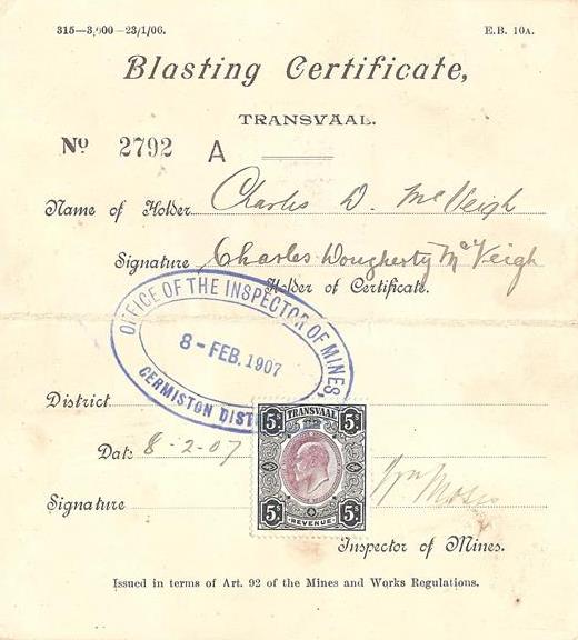 Transvaal Blasting Certificate 1907