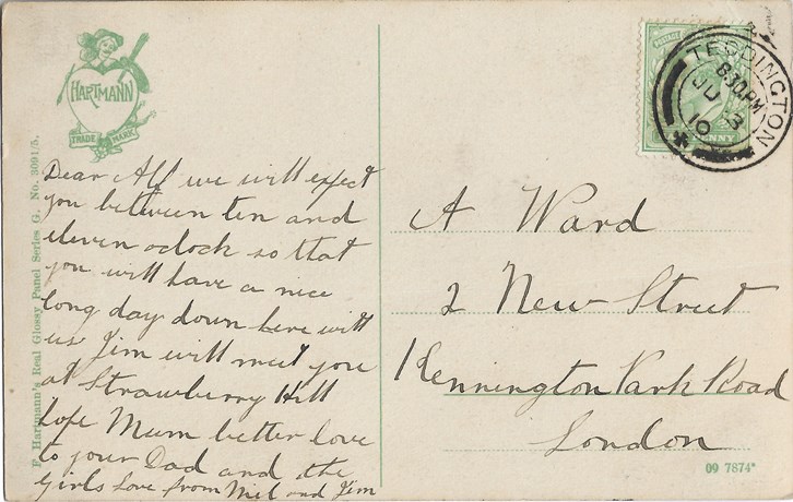 Postcard about Alf going to see his brother and his wife